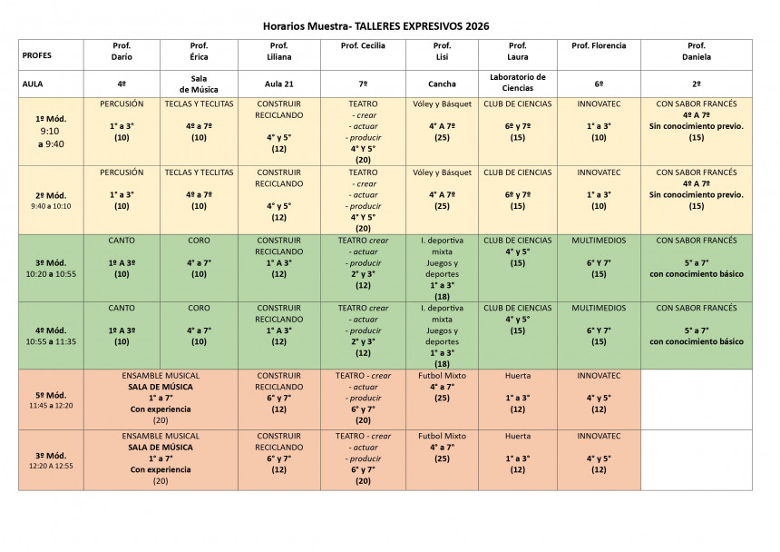 imagen Horarios de clases de prueba